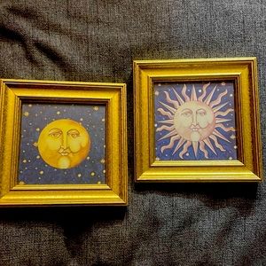 Vintage Celestial Sun & Moon set of gold framed prints